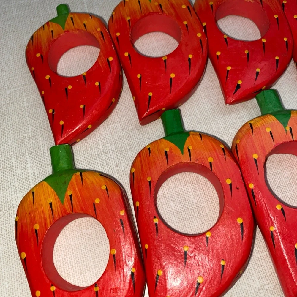 Vintage Wooden Strawberry Napkin‎ Rings Set (10)